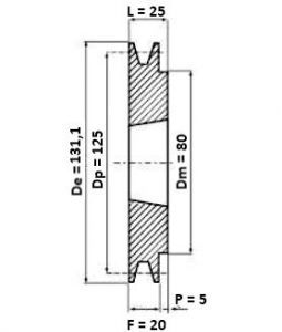 Poulie 1 gorge diamètre 125 mm pour courroie trapézoidale de 13,00 mm - Schéma