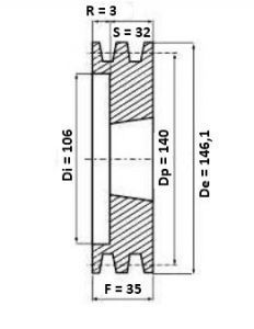Poulie 2 gorges diamètre 140 mm pour courroie trapézoidale de 13,00 mm - Schéma