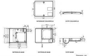 Boite à bornes avec couvercle fixation 60x65 mm. 1 presse-étoupe type M2C - Côtes et dimensions