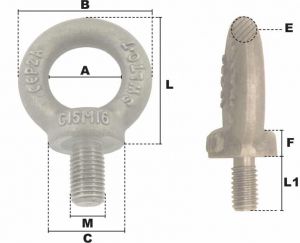 Anneau de levage mâle court brut M16 (Acier) - Côtes et dimensions