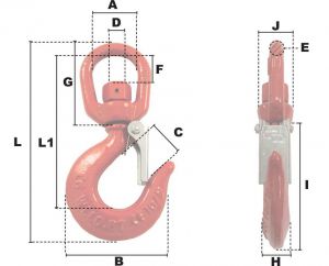 Crochet de levage à émerillon avec linguet de sécurité CMU 5000kg (Acier) - Côtes et dimensions