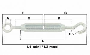 Tendeur à un anneau et un crochet M22 (Acier) - Côtes et dimensions