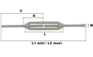 Tendeur à 2 tiges à souder M16 (Acier) - Côtes et dimensions