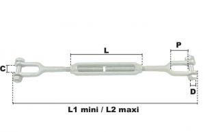 Tendeur à 2 chapes M12 (Acier) - Côtes et dimensions