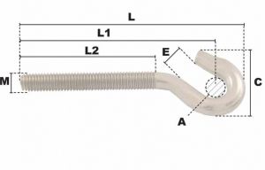 Crochet de tendeur droit M12 (Inox) - Côtes et dimensions