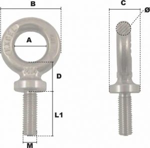 Anneau de levage mâle long M14 (Inox) - Côtes et dimensions