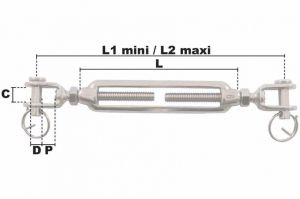 Tendeur à 2 chapes M8 (Inox) - Côtes et dimensions